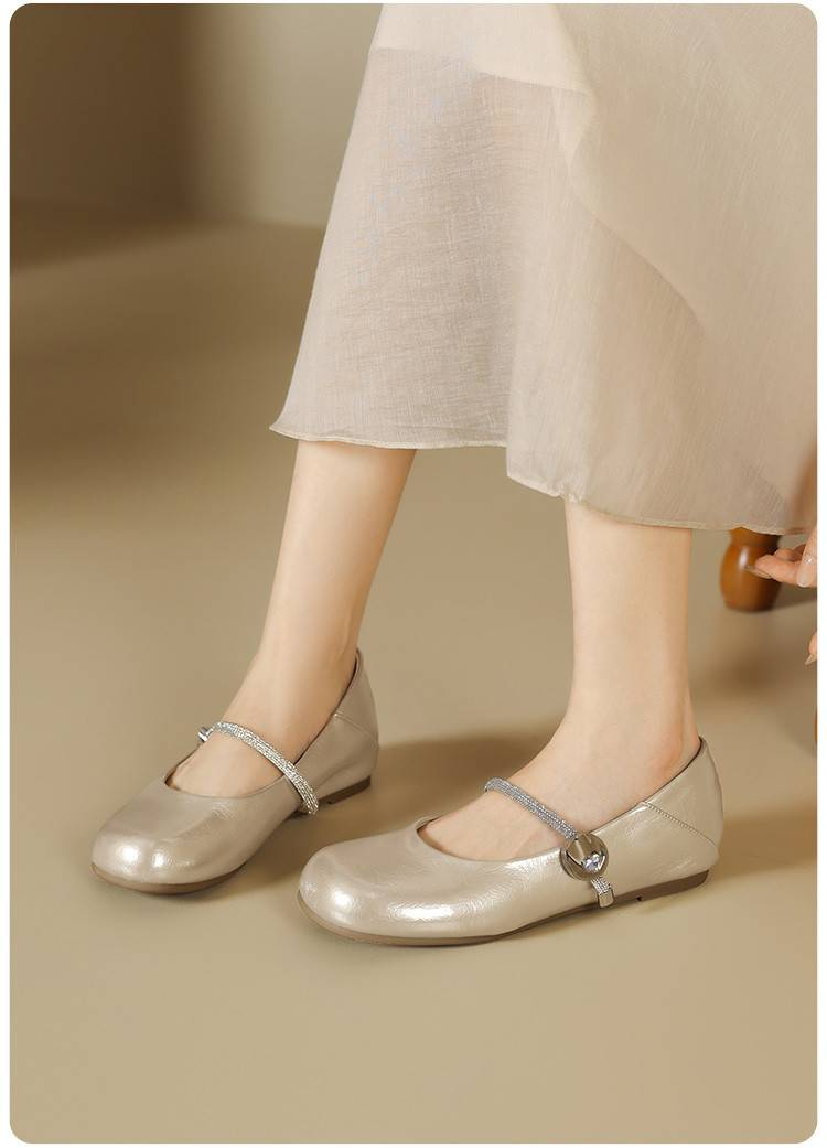 【Weiche Sohle und weiches Obermaterial】 Cameido Mary-Jane-Schuhe mit Knöchelriemen und Kristallen, 2025 Herbstschuhe mit runder Zehenpartie und niedrigen, flachen Einzelschuhen_voghion.com