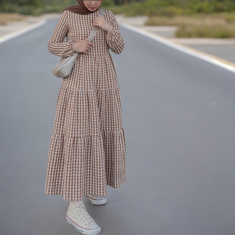Schlichtes, langärmliges, kariertes Kaftan-Kleid – elastische Bündchen, entspannte Passform, Maxilänge (Blau/Khaki/Schwarz, S-5XL, Loungewear im Dubai-Stil)_voghion.com