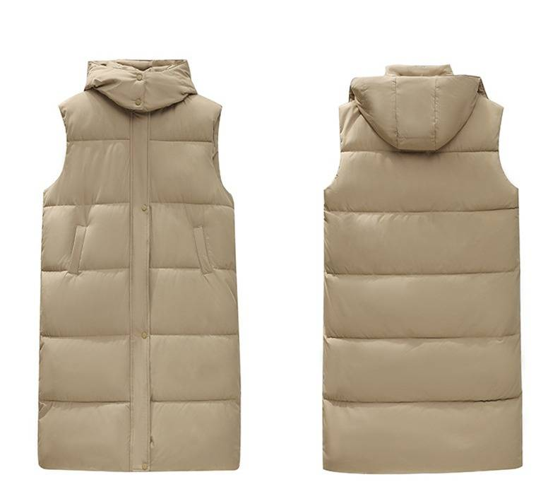 Gilet long à capuche et ceinture pour femme, veste matelassée légère, coupe ample et décontractée pour l'hiver, noir/blanc/kaki_voghion.com