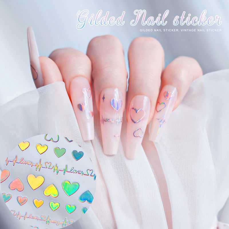 INS Holographic Heart Nail Decals - Colorful Aurora Solid Heart | Adhesive Self-Stick Nail Art For Women_voghion.com