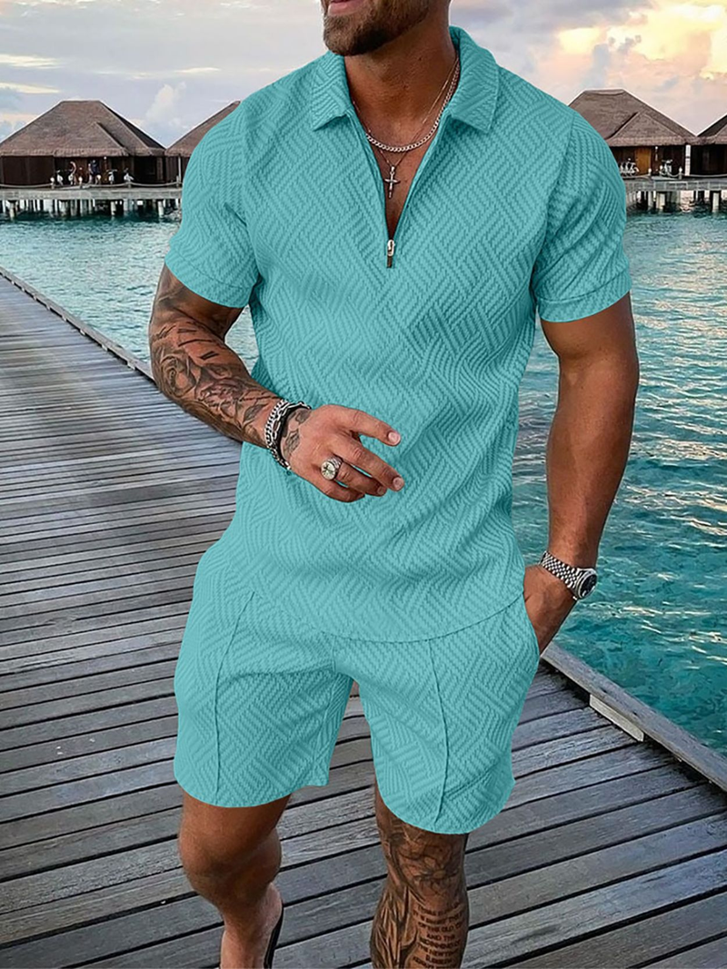 Lässiges bedrucktes Kurzarm-Poloshirt-Set für Herren, Sportbekleidung, bequem, atmungsaktiv, Reißverschluss am Hals, T-Shirt und Poloshirt_voghion.com