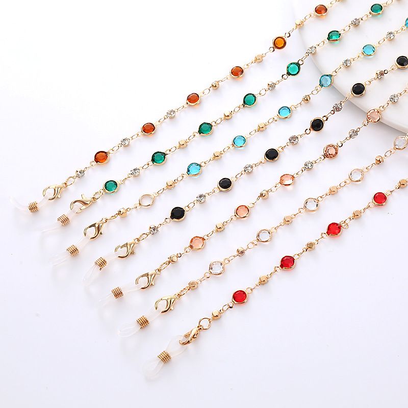 Gafas de sol con diamantes de imitación de colores, máscara de metal de cobre, auriculares, cadena antipérdida_voghion.com