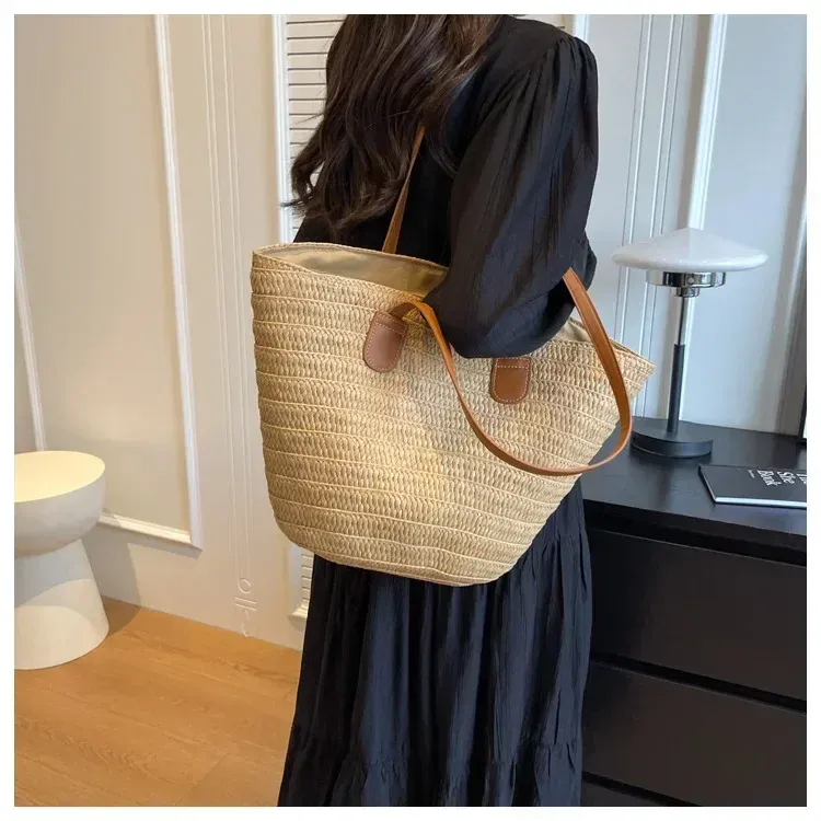 Borsa a tracolla portatile grande in paglia intrecciata con manico superiore da donna, borsa estiva da spiaggia, borsa shopper_voghion.com