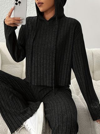 Ensemble élégant deux pièces à capuche et pantalon large pour femme, couleur unie, automne 2024_voghion.com