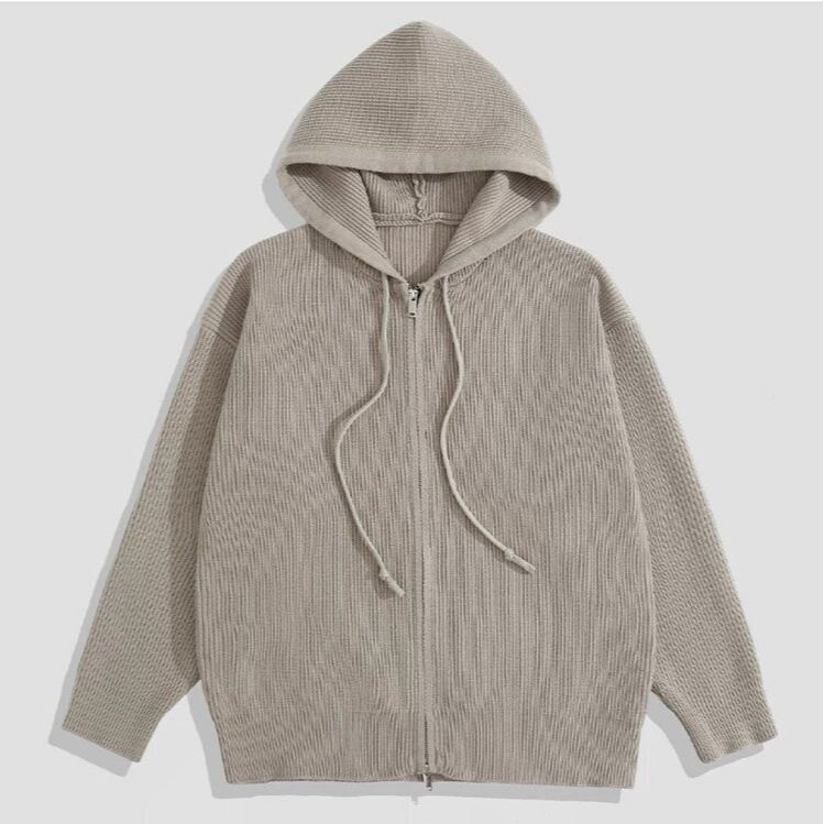 Retro-Strickjacke mit Reißverschluss – Übergroßer Kapuzenpullover für Herren (Polyester, maschinenwaschbar, Jacquard-Muster, Grau/Schwarz/Beige, Unisex-Lockere Passform)_voghion.com