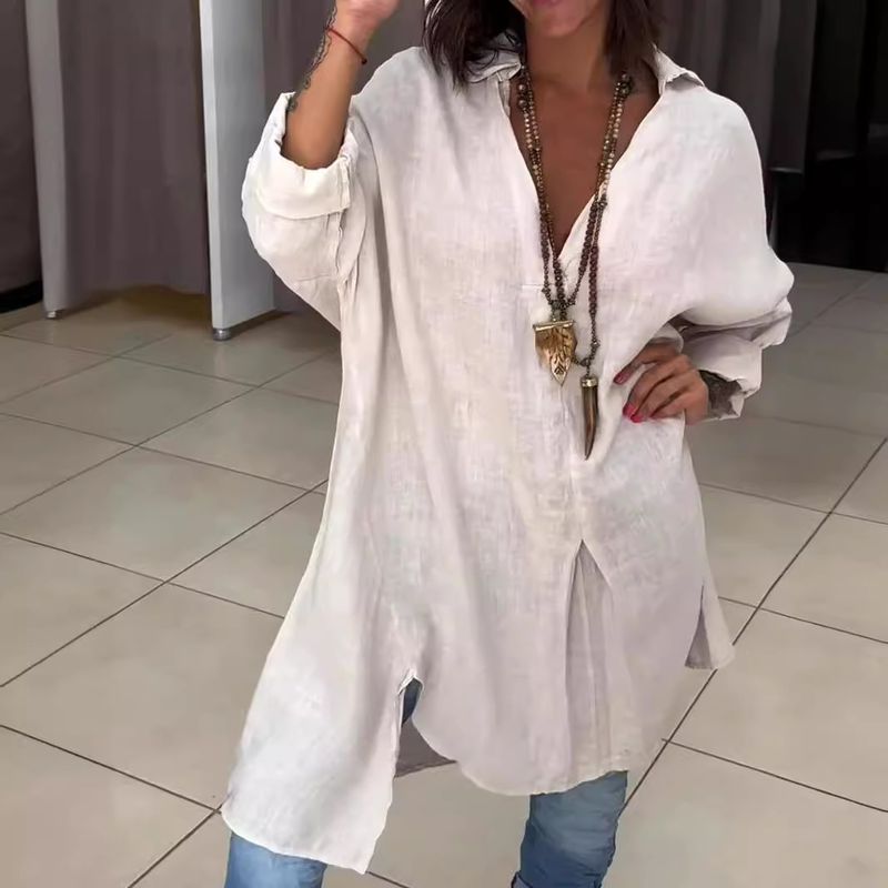 Abito camicia casual da donna in cotone e lino con spacchi larghi_voghion.com