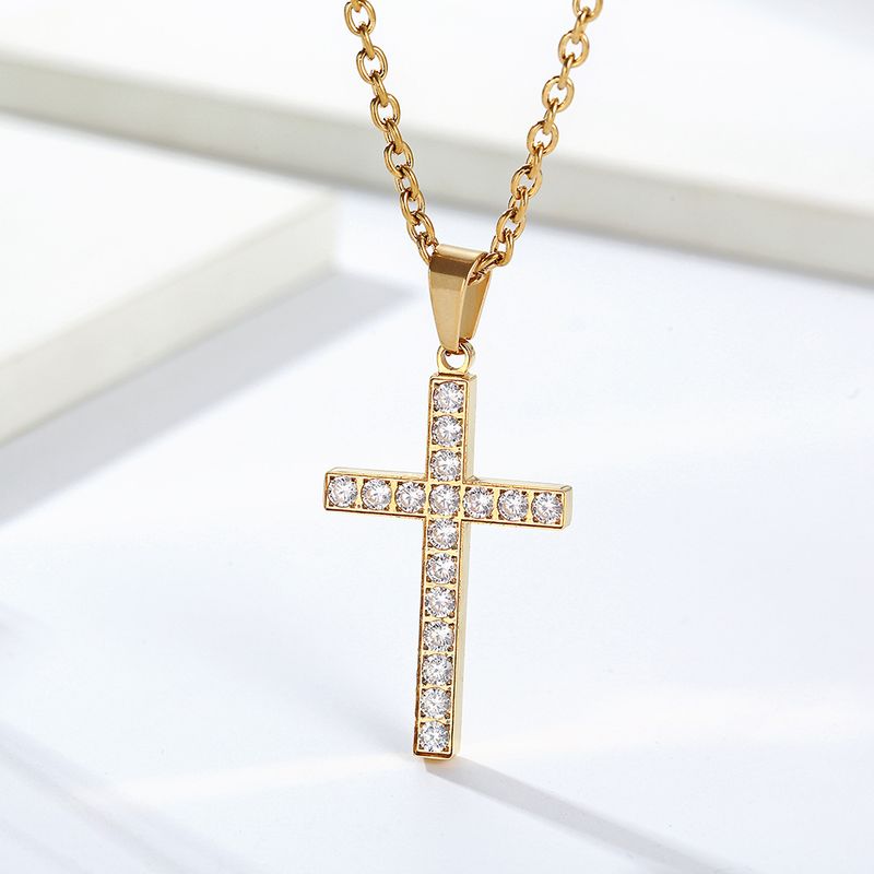 Collana con croce in acciaio al titanio e gioielli da uomo e da donna, intarsiata con diamanti, stile semplice e neutro, alla moda, accessori personalizzati_voghion.com