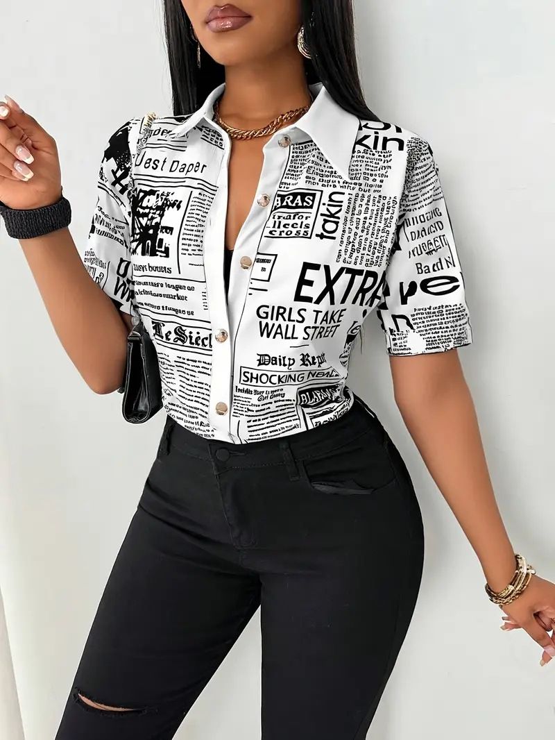 Mode Zeitung gedruckt Einreiher V-Ausschnitt Shirt Damen Shirt_voghion.com