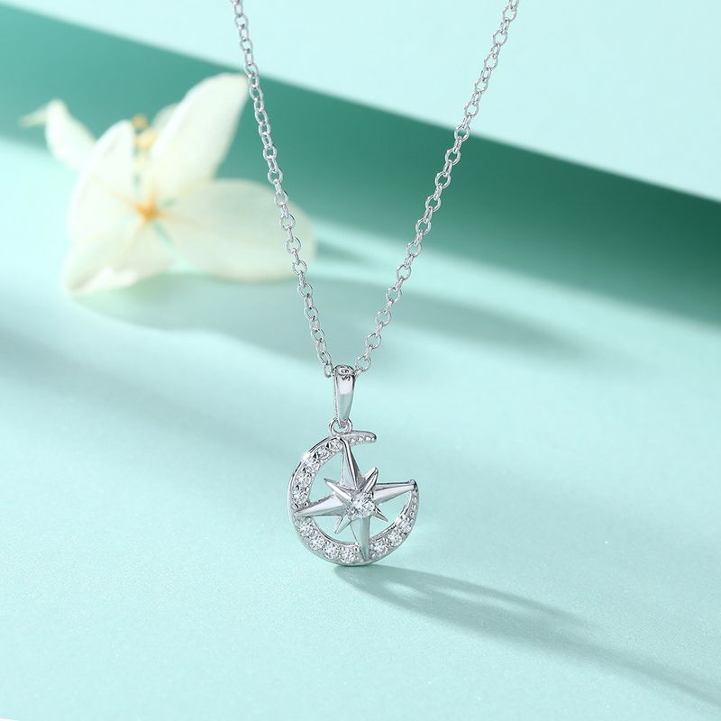 Necklaces Fashion Eight Pointed Star Necklace Female Simple Niche Design Creative Inlaid Star And Moon Pendant S925 Sterling Silver Necklace Spot_voghion.com