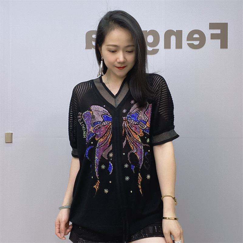 Ropa de mujer, prendas de punto para mujeres gordas mm, camiseta adelgazante de manga corta con escote en V y diamantes calientes_voghion.com