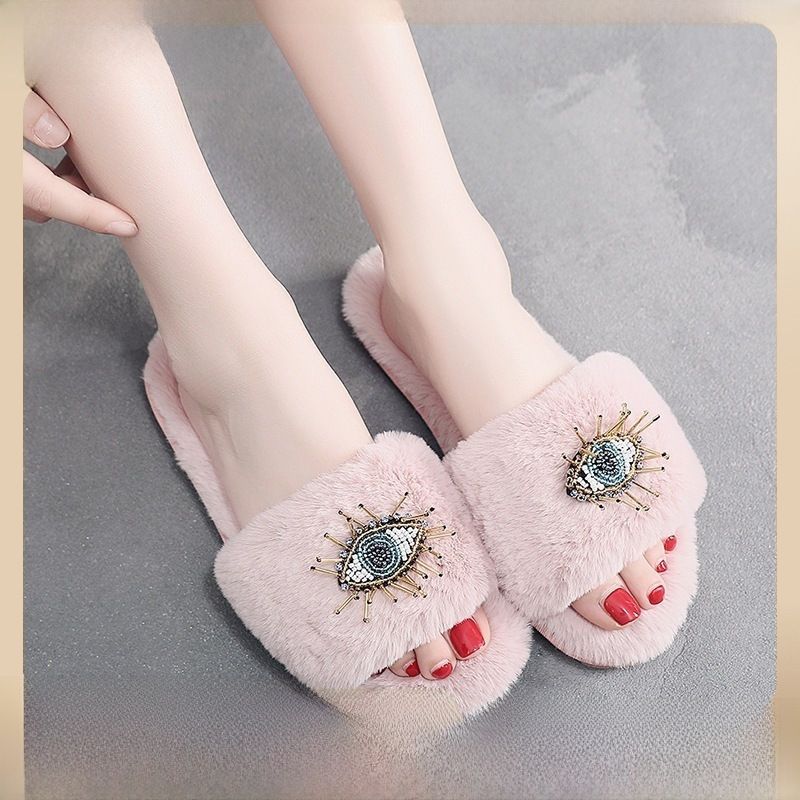 Koreanische Mode: Rote Woll-Plüschpantoffeln mit Augen, weichem Boden, auch für draußen geeignet, aus Baumwolle, Großhandel_voghion.com