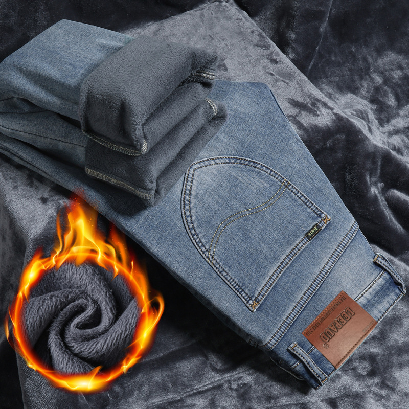 LEEPAUD für Herren Winter Plüsch und dicken elastischen geraden Bein locker sitzende Business Casual Jeans_voghion.com