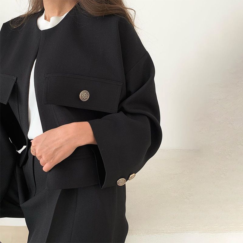 Women's Clothing Autumn New Style Pocket Button Short Jacket High Waist Comfortable Casual Pants Two Piece Set_voghion.com