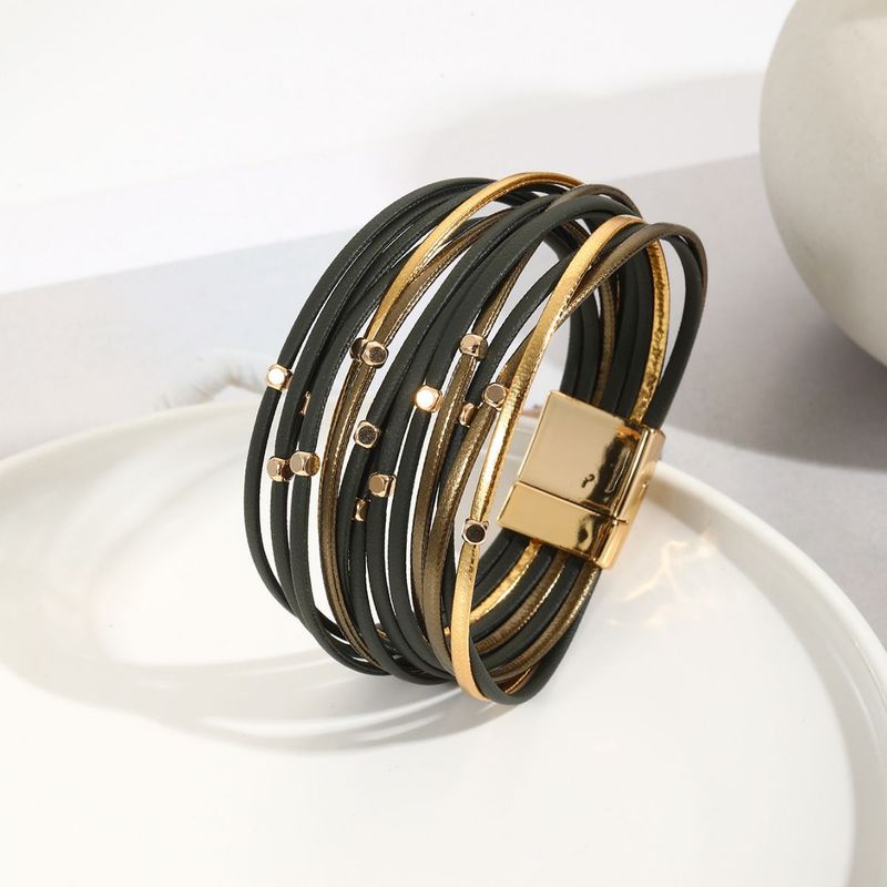 Metal Bead Wristband PU Leather Multi-layer Magnetic Clasp Bracelet For Women_voghion.com