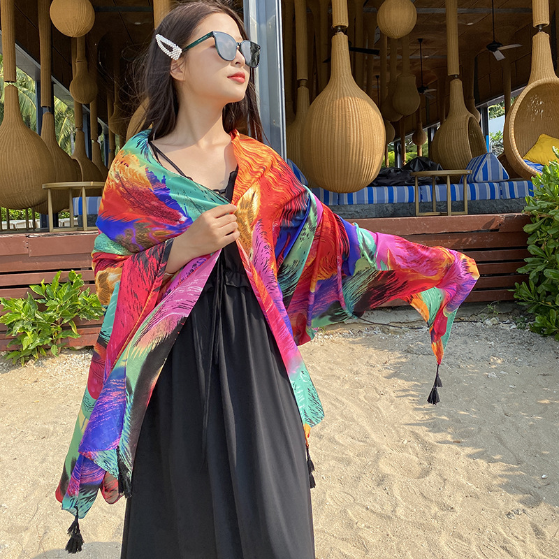 Nuovo stile etnico oversize colorato foglie piuma cotone canapa sciarpa viaggio versatile doppio uso scialle sciarpa di seta donna_voghion.com