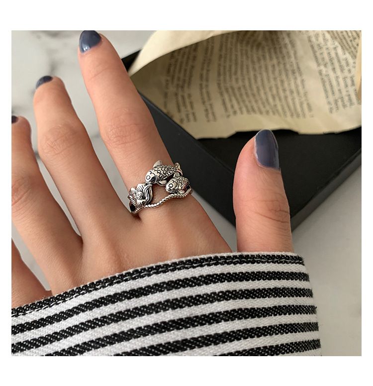 Ready Stock Sier Farbe Individualität Kreatives Design Krone Fisch Lotus Verstellbarer Ring Weiblich Retro Unregelmäßig Mode Exquisite_voghion.com