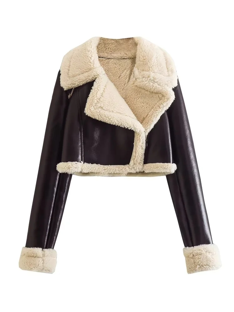 KLKXMYT TRAF kobiety 2023 moda gruby ciepły sztuczny shearling krótka kurtka płaszcz Vintage z długim rękawem zamek damska odzież wierzchnia_voghion.com