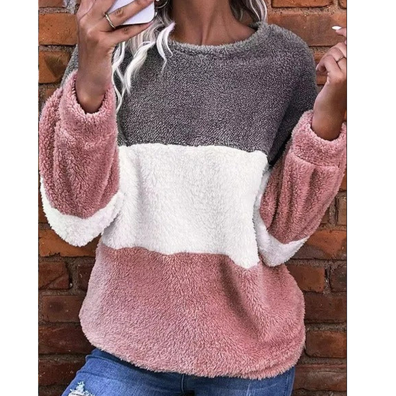 Sudadera con capucha de felpa con cuello redondo y rayas de colores a juego para mujer, blusa holgada y cálida_voghion.com