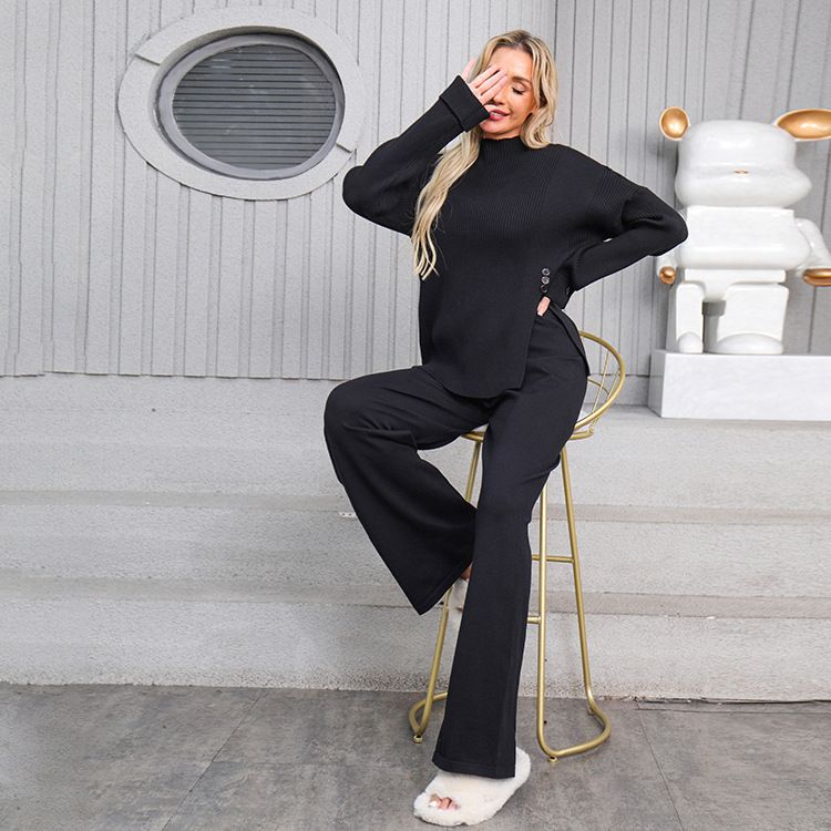 Ropa de mujer Nw otoño e invierno color sólido cuello redondo pantalones de diseño dividido estilo holgado traje de punto de dos piezas_voghion.com