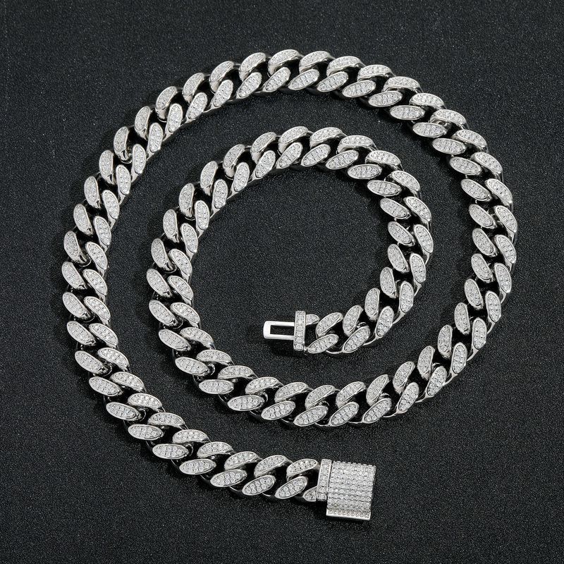 Men’s Jewelry Set Fashion Hip Hop Zircon Necklace 12mm Flip Buckle Double Row Full Diamond Cuban Chain Trendy Personality Men's Hip Hop Necklace_voghion.com