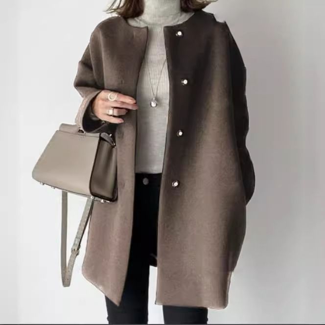 4-Color High-Quality Straight Tube For Women's Autumn And Winter Temperament, Solid Color Simple Woolen Coat Top_voghion.com