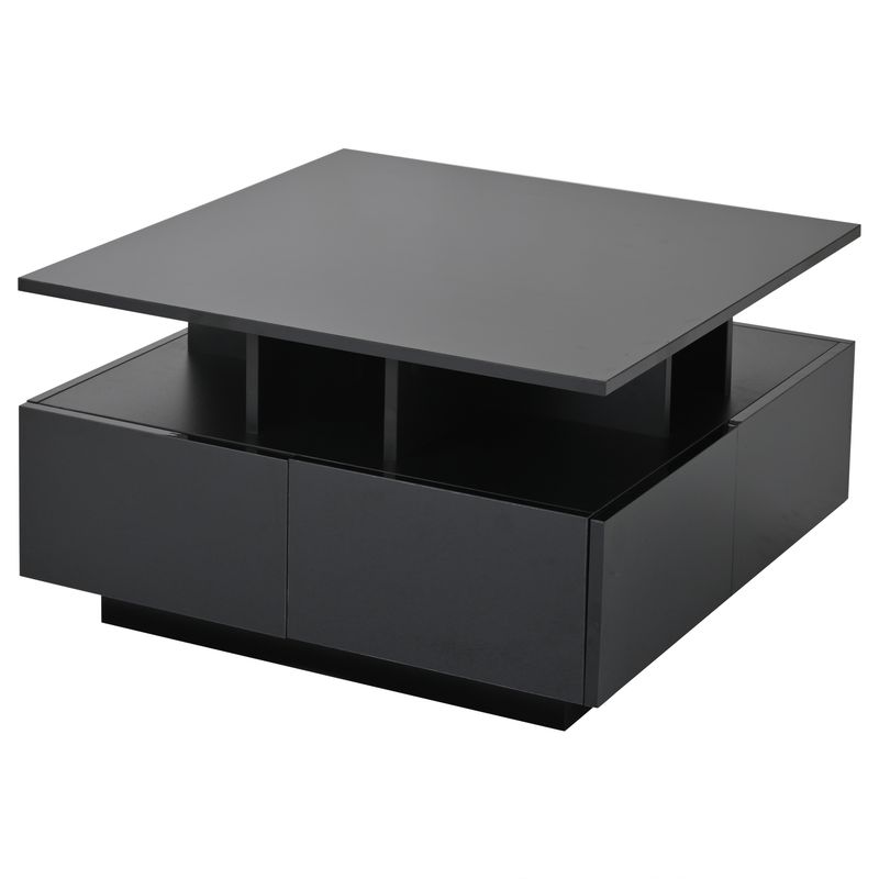 Table basse de salon noire brillante 70 x 70 x 40 cm avec éclairage LED, table d'appoint à 4 tiroirs, design géométrique, capacité de charge de 30 kg._voghion.com