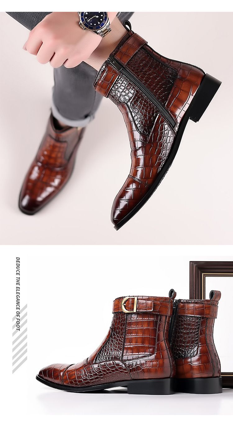 Botas altas de trabajo con cremallera y puntera puntiaguda con estampado de cocodrilo para hombre_voghion.com