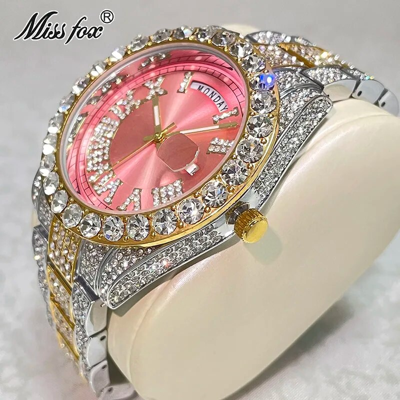 Hip Hop marque MISSFOX montre en or hommes plein diamant glacé montres de mode automatique Date semaine AAA horloges cadeau masculin_voghion.com