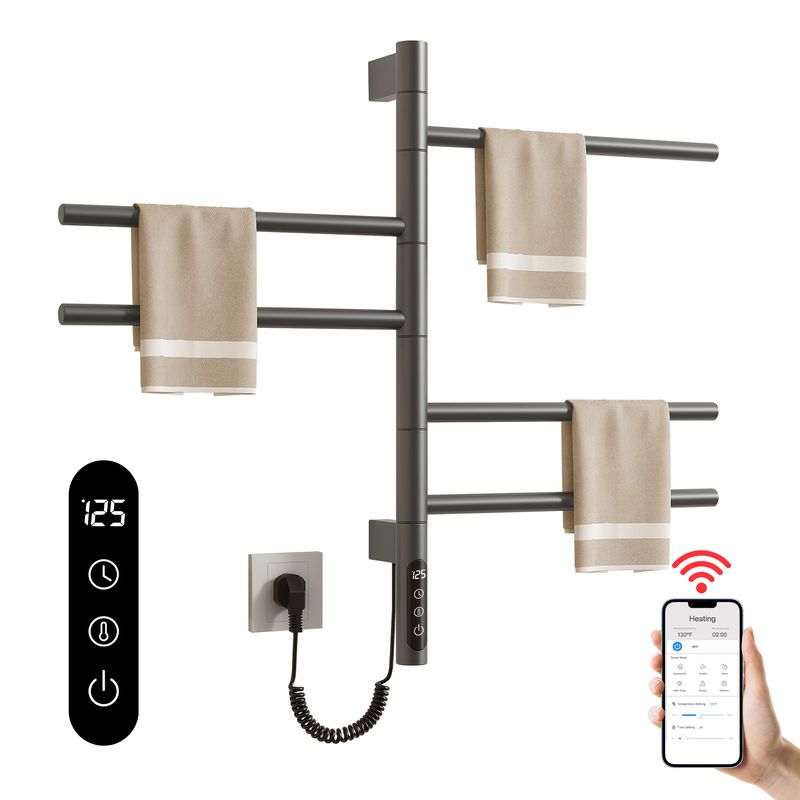 SIOYIE Smart Rotating Heated Towel Rack For Bathroom, Wall-Mounted Electric Towel Dryer With Swivel Bars, Smart Timer, Low Carbon Steel, IPX5, Plug-in/Hardwired, Towel Warmer With Wi-Fi App ControlW_voghion.com