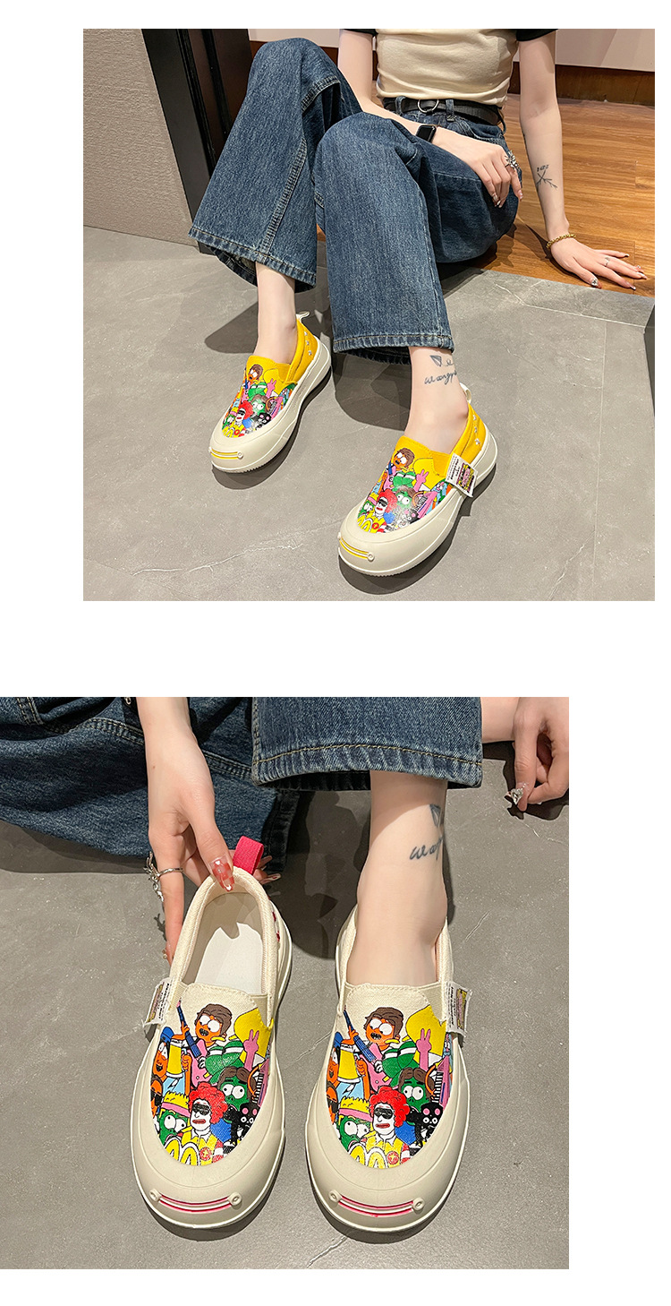 Commercio estero di grandi dimensioni tela graffiti bocca superficiale scarpe singole da donna 2023 primavera nuovo slip-on con fondo muffin a punta tonda_voghion.com