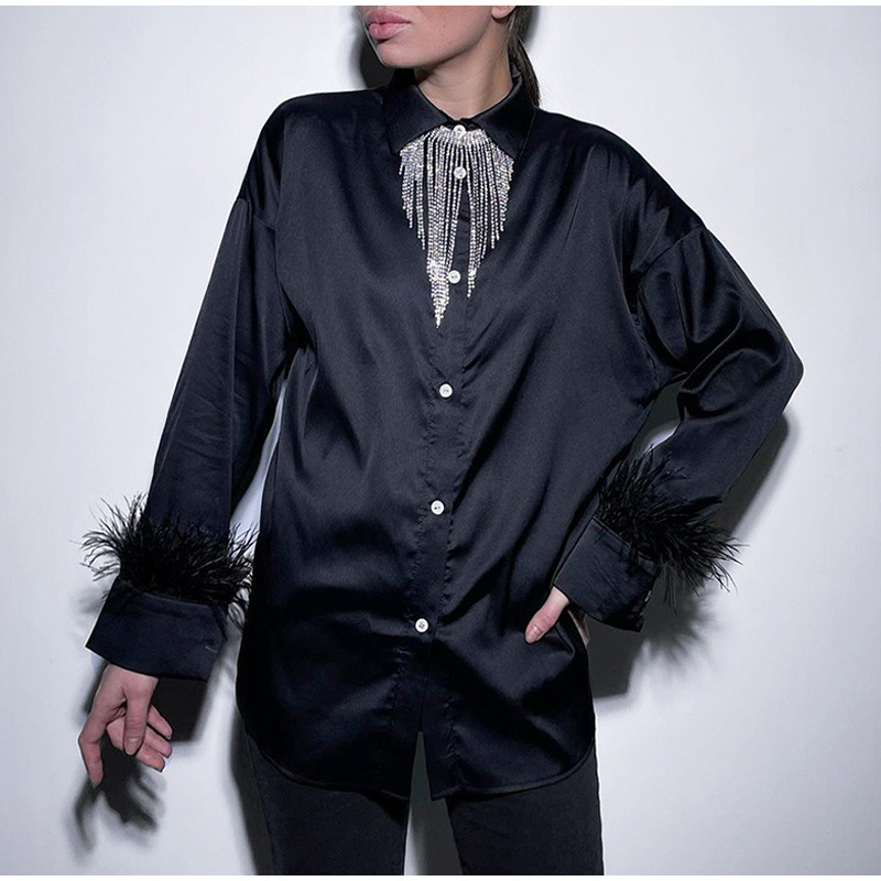 Abbigliamento da donna estate nuova moda casual versatile camicia in capelli di struzzo con cuciture in piume di seta ghiaccio per donna_voghion.com