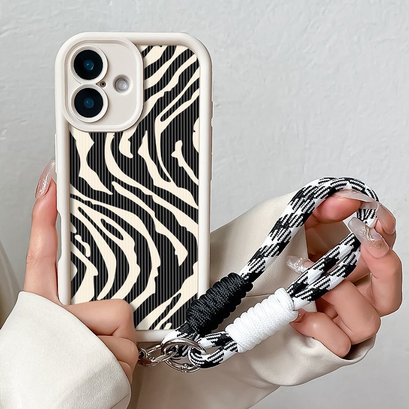 Étui de téléphone avec dragonne pour iPhone 16 Pro Max Plus, motif zébré, motif treillis, TPU souple, chaîne de poignet, dragonne, coque antichoc_voghion.com