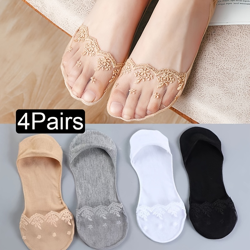 4 Pairs Summer Women Invisible Socks Cotton Shallow Mouth Socks Lace Boat Socks ,Women's Stockings & Hosiery_voghion.com
