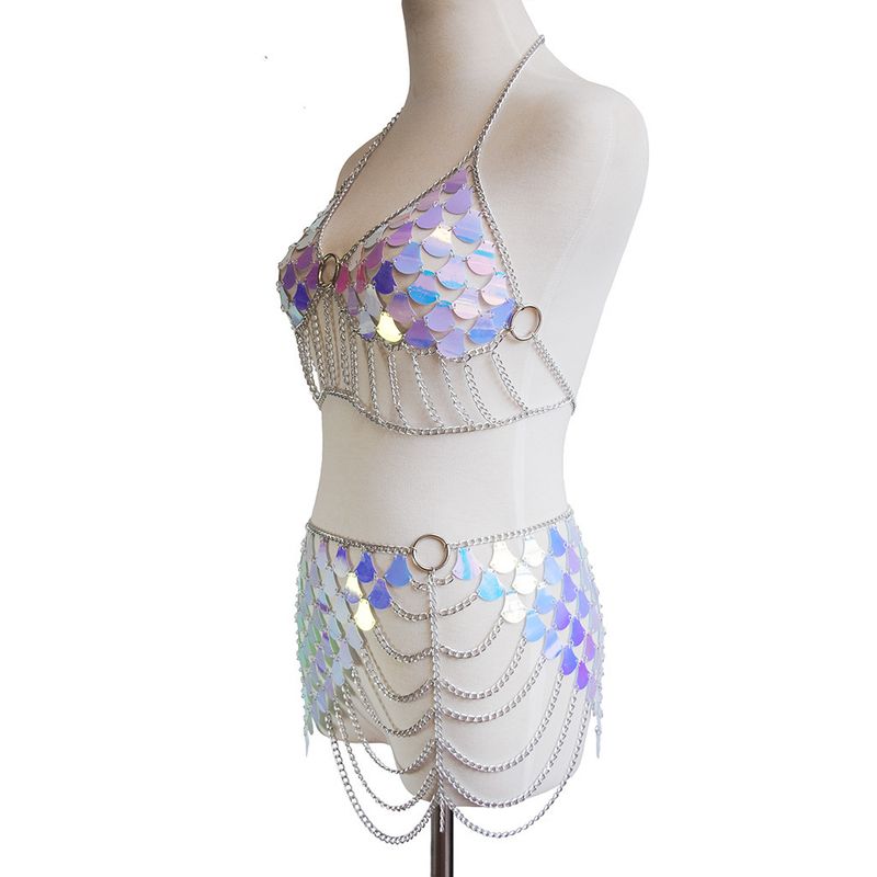 Set di catene per il corpo con paillettes esagerate - Gioielli per la vita metallici a squame di pesce per look audaci_voghion.com