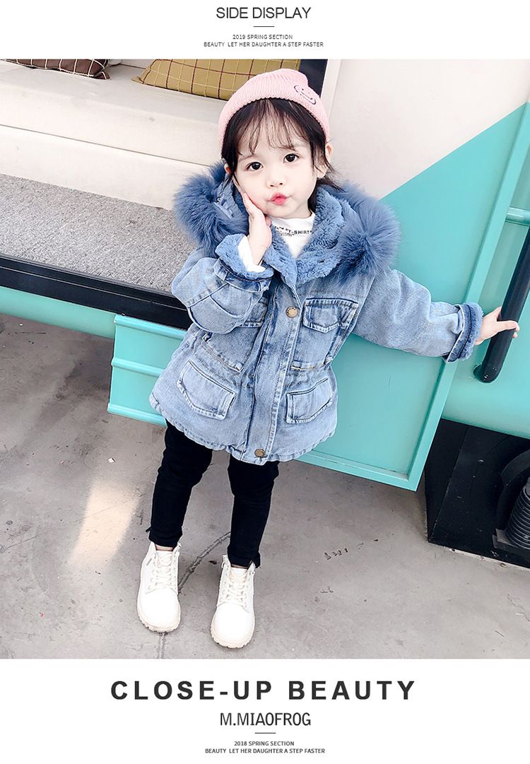 Nuovi vestiti autunnali e invernali per bambine, cappotto spesso in denim e velluto, stile coreano, cappotto in cotone con ampio collo di pelliccia per bambini_voghion.com