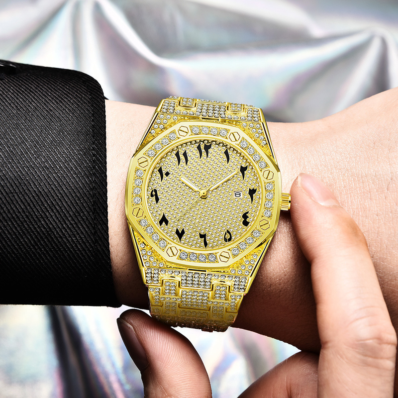 Herr Hip Hop Cool Legering Band Diamant Datum Guld Quartz Klockor_voghion.com