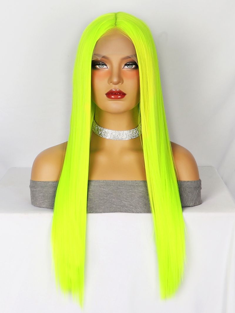 Synthetische Clip-in-Perücken, modische Perücken, vordere Spitze, synthetische Faser, Kopfbedeckung, grün, langes glattes Haar, Hochtemperatur-Drahtfleck_voghion.com