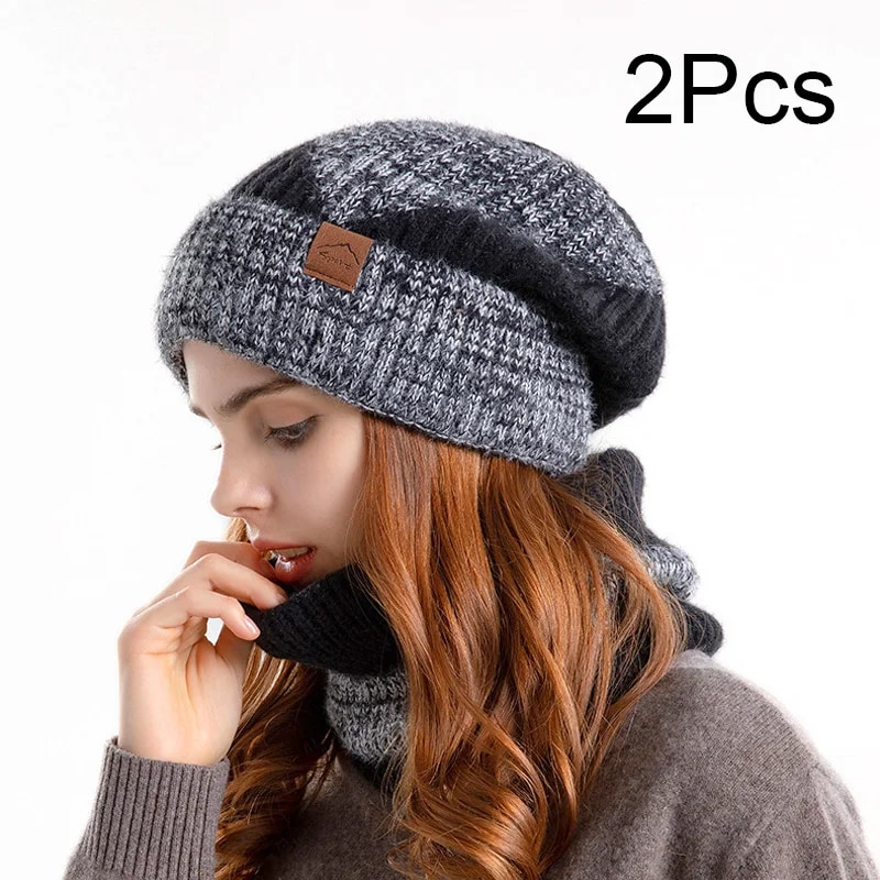 Ensemble de deux pièces pour femmes, bonnet tricoté, cache-cou, tête de mort, doublure en fourrure épaisse, chapeau d'hiver pour filles, masque, écharpe_voghion.com