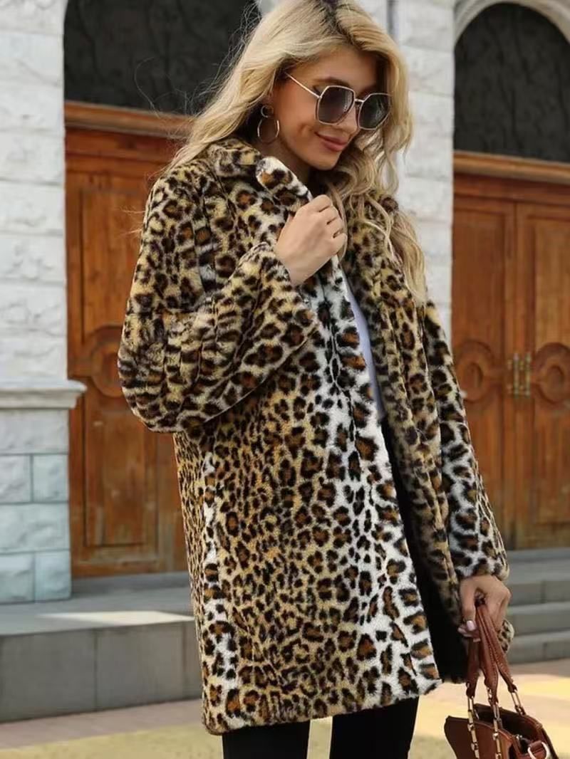Women's Clothing Oversized Leopard Print Faux Fur Coat - Long Plush Jacket With Deep Pockets & Dramatic Sleeves_voghion.com
