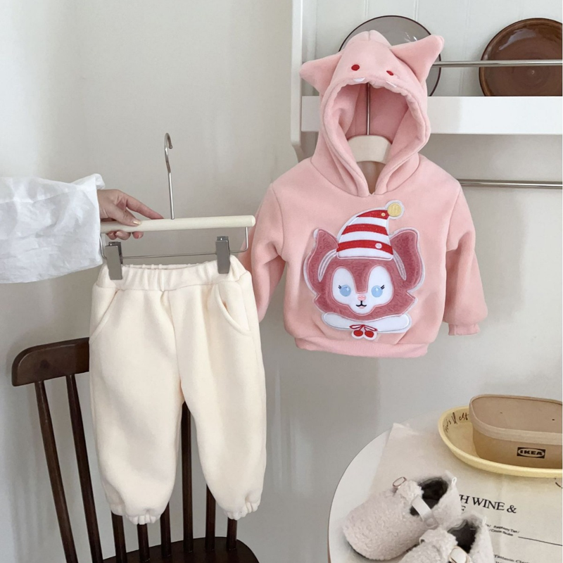 Mädchen 23 Winter Neue Verdickte Cartoon Kapuzenpullover Baby Modische Nette Plüsch Schutz Hosen Zwei Stück Set_voghion.com