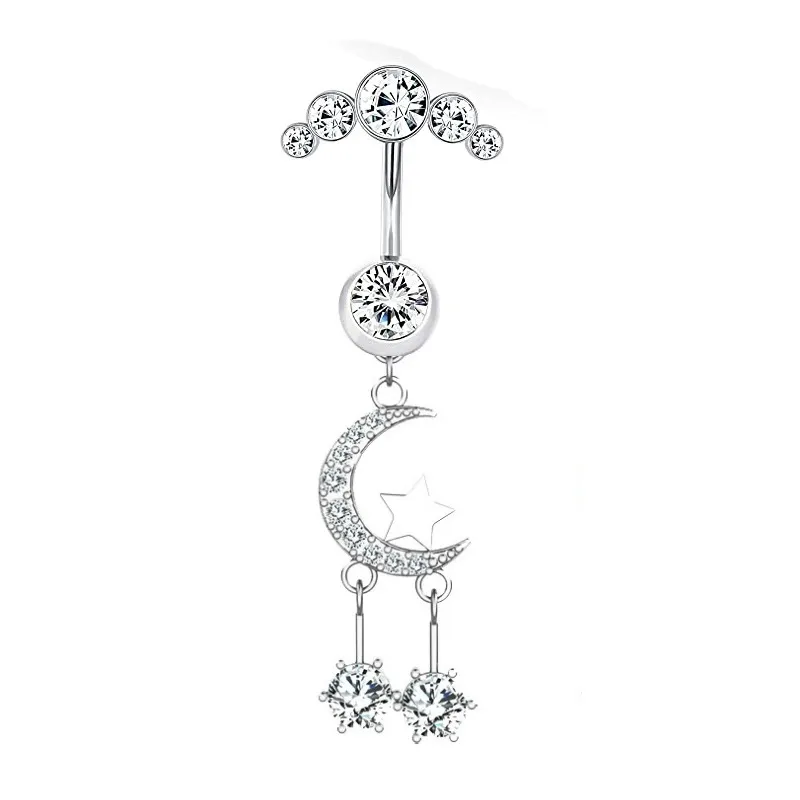 ingrosso Anelli per ombelico con campanellino in cristallo con strass Vintage in acciaio inossidabile Anelli per ombelico geometrici con stella e luna_voghion.com