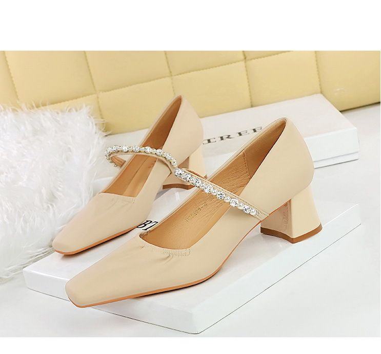 5288-17 Scarpe da donna con tacco medio e spesso, versione coreana, con punta quadrata, punta bassa, strass di perle, dritte_voghion.com