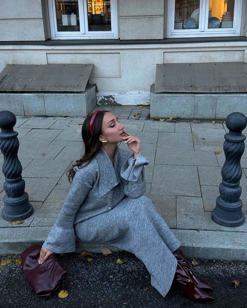 Women's Autumn Winter Solid Color Knit Sweater Set Lapel Polo Shirt With Flared Sleeves & Midi Skirt Two-Piece Outfit_voghion.com