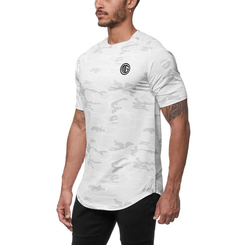 Mallas deportivas, traje de fitness de manga corta para hombre, de secado rápido y transpirable, top de camuflaje para entrenamiento de carrera, verano_voghion.com