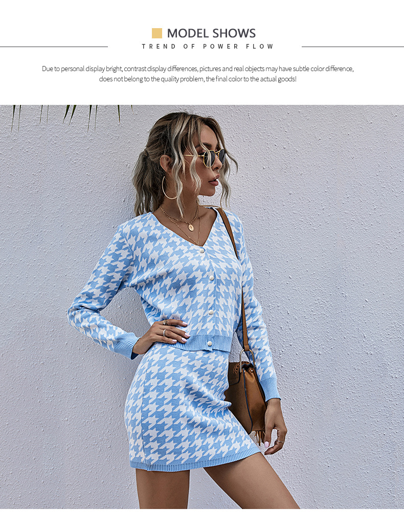 European and American fashion women's two-piece long-sleeved houndstooth skirt suit_voghion.com