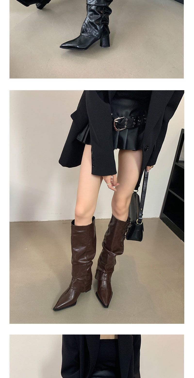 Women's Shoes Retro Pointed Toe Hot Girl Style High Heeled Boots Women's Boots New Thick Heel Pleated Pile Boots_voghion.com