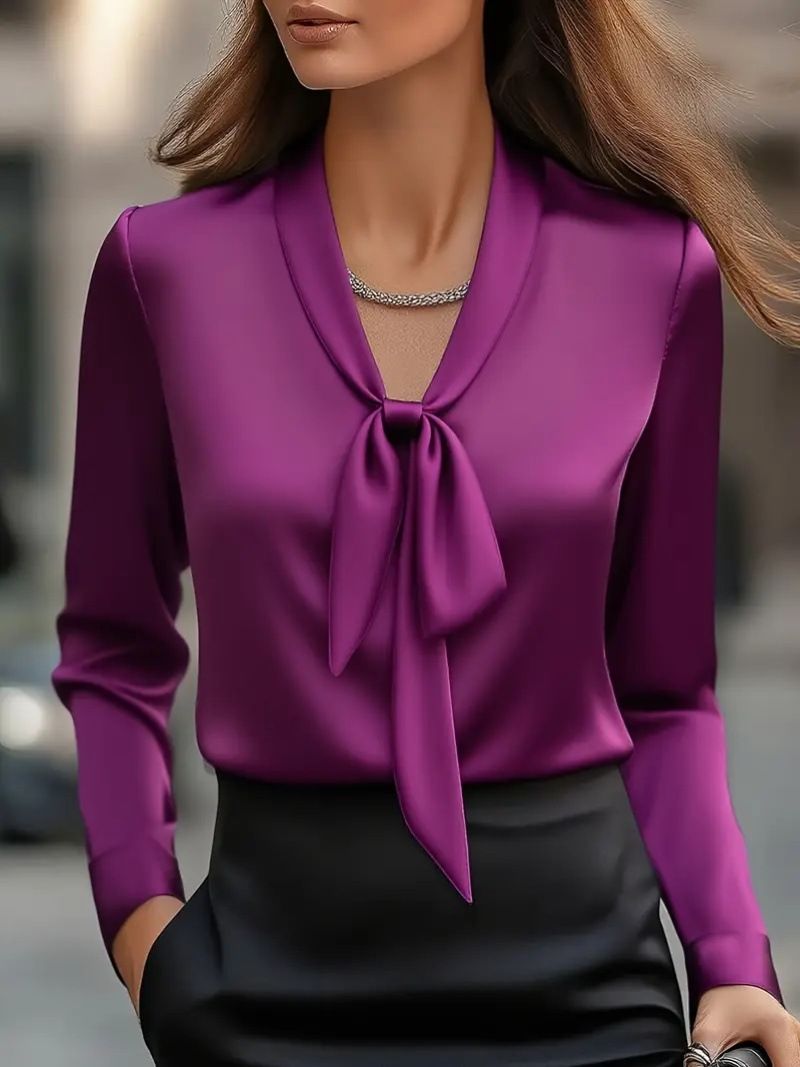Women's Elegant Satin Lace-Up Blouse – Long Sleeve Solid Color Shirt (Black/White/Pink/Violet, S-XXL)_voghion.com