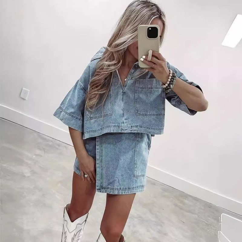Abbigliamento da donna, comodo abito casual in denim per donna in estate, ampio e attillato, polo a maniche corte, gonna irregolare e pantaloni, abito a due pezzi_voghion.com
