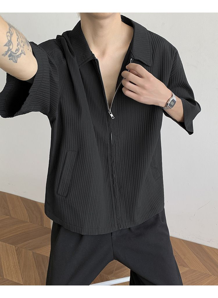 Herenkleding Overhemd met korte mouwen Knappe zomer High-end trendy los overhemd met korte mouwen en rits_voghion.com