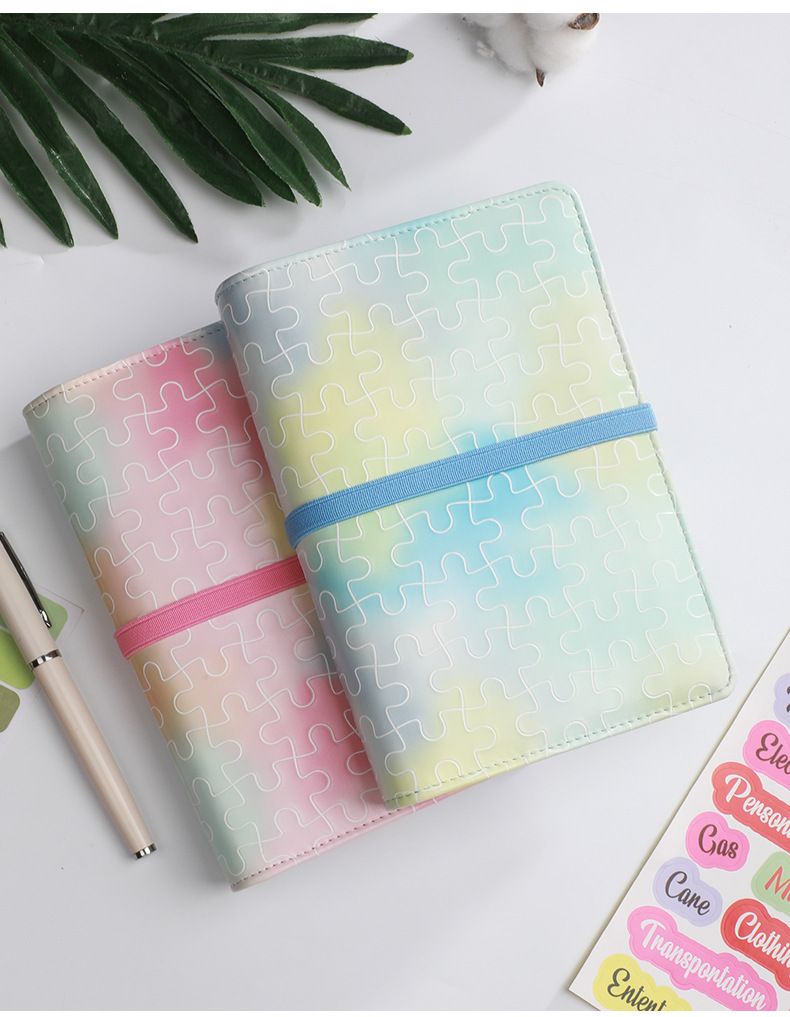 Carnet de notes A6 en cuir synthétique dégradé de couleurs - Agenda rechargeable avec poche pour le budget, nuances pastel macaron pour la journalisation_voghion.com